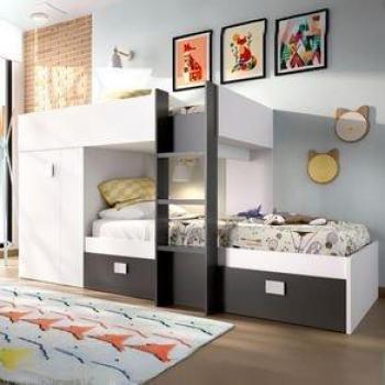Cama Tren Groe 2 Camas + Armario + 2 Cajones Blanco/Grafito 150X271x111 Cm