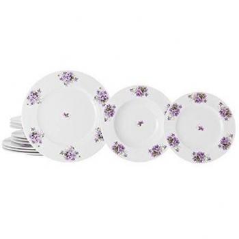 La Cija Violetas Vajilla clásica de Porcelana 12 Piezas, Blanco, 27x27x13 cm