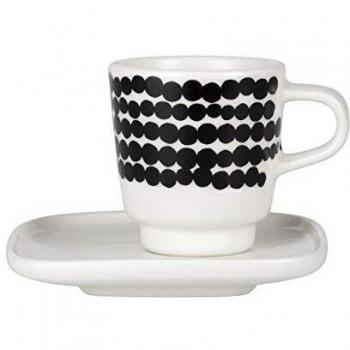 Marimekko - Taza de café con platillo - Oiva-Siirtolapuutarha - Cerámica - Blanco-Negro - 2 piezas