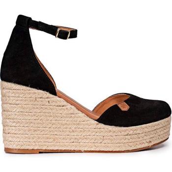 Sandalias de cuña de mujer de serraje en color negro