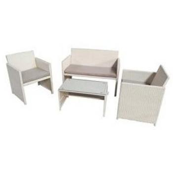 Set de Jardín Valencia - 2 Sillones, 1 Sofá y 1 Mesa - Polirratán Negro con Cojines Blancos