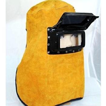 Buwico amarillo transpirable portátil plegable piel de vacuno careta de soldar cómodo capucha casco de cuello orejas cabeza con gafas