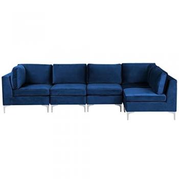 Sofá Esquinero Modular de 5 Plazas en Terciopelo Azul Marino Izquierdo con Patas de Metal Plateado Estilo Glamour