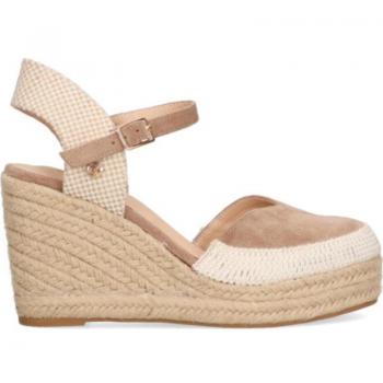 Sandalia con cuña de esparto ETIKA 20002 para señora, pulsera al tobillo, suela de goma, piel y yute, espadril sencilla y clásica, color beig