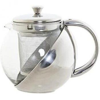 Tetera de diseño elegante con cuerpo de cristal y acabado en acero inoxidable