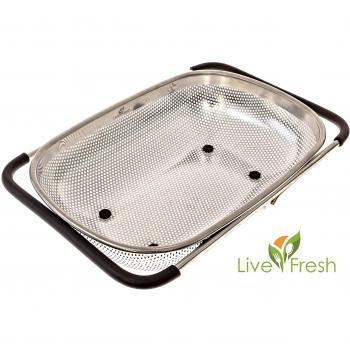 LiveFresh en el fregadero, microperforado 4-quart de acero inoxidable colador con mango antideslizante Grips y pies de goma – Asas Extender para adaptarse a cualquier fregadero