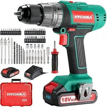 Taladro Atornillador Batería 18V, HYCHIKA Taladro Percutor 45Nm, 2×2.0Ah Baterías, 53 Accesorios, Mango Auxiliar, 21+3 Ajustes de Par, Cargador Rápido, Taladro Percutor a Bateria con Caja Dura
