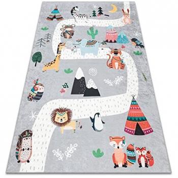 Alfombra Lavable Antideslizante para Niños - Calles y Pueblo Indio, Animales - Gris 80x150 cm