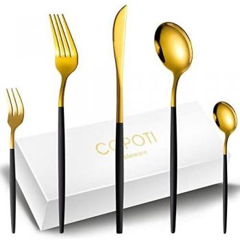 Cubertería Negra y Dorada 12 Personas,Copoti 60 Piezas Acero Inoxidable Mango Negro Cuchillo Tenedor Cuchara Juego de Cubertería De.