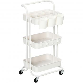 Carrito de Almacenamiento de 3 Niveles con Asa 3 Cajas Colgantes y 4 Ganchos para Cocina Baño 42x38x86,5 cm Blanco/Negro