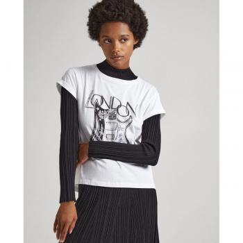 Camiseta Pepe Jeans Mujer Happy Blanca - Mangas Cortas con Dobladillo Doblado