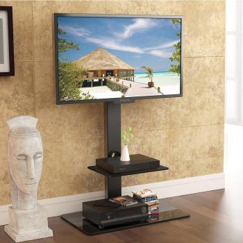 FITUEYES Soporte para TV de Piso con Base de Hierro 2 estantes para Pantalla de 32 a 65 Pulgadas Inclinación giratoria Altura Ajustable Soporte 40 kgs MAX VESA 600x400 mm FT-S2601MB