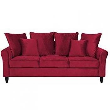 Sofá de Terciopelo Rojo Moderno de 3 Plazas con Cojines Decorativos y Estructura de Madera Maciza Bornholm