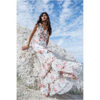Goddiva Floral Printed Chiffon Ruffle Maxi Dress - Cream