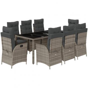 9-Piece Grey Poly Rattan Garden Dining Set with Cushions