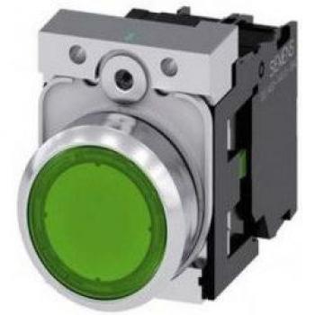 Unidad completa de botón pulsador iluminado Siemens SIRIUS ACT, verde, 22mm, SPST, acción momentánea, 320V