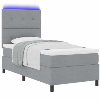 Cama tipo Box Spring con colchón y tiras LED gris claro 90 x 200 cm tela