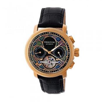 Heritor Automatic Aura Men's Semi-Skeleton Leather-Band Watch - Black & Rose Gold