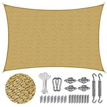 Sekey Toldo Vela de Sombra 2x4m Rectangular con Cuerda y Kit de Montaje, HDPE Prueba de Viento, Transpirable, Protección Rayos UV, para Terraza Patio Exteriores Jardín, Arena