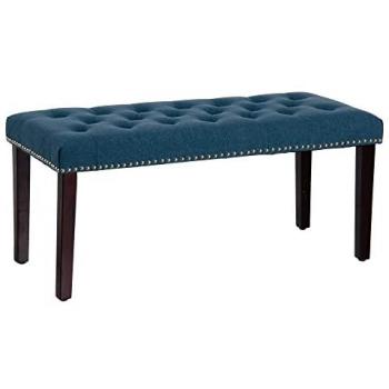 Banqueta capitoné azul de lino con tachuelas y medidas 115 x 44 x 43 cm