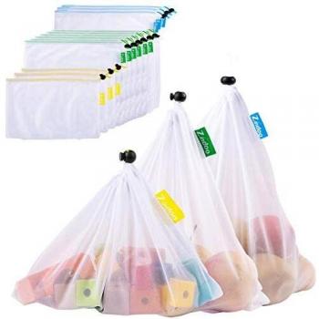 Zindoo Bolsas Compra Reutilizables Ecológicas, Alternativa al plástico, Lavable y Transpirable Bolsa de Malla para Almacenamiento Fruta Verduras Juguetes 12PCS