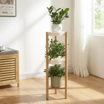 Soporte para Plantas Sastamala de 3 Niveles en Bambú y Plástico - 78 x 25 x 25 cm - Color Natural y Blanco