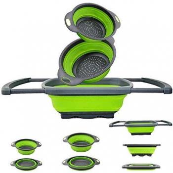 EigPluy Colador Silicona Plegable para Fregadero de Cocina,Juego de 3 Coladores para Cocina con Mangos Extensibles, Plegables Cesta de Colador, Drenar Pasta,Verduras,Frutas