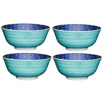 Cuenco de Cerámica 15,5 cm con Diseño Chevron Azul y Puntos - Set de 4
