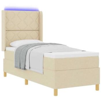 Cama tipo Box Spring con colchón y tiras LED crema 80 x 200 cm tela