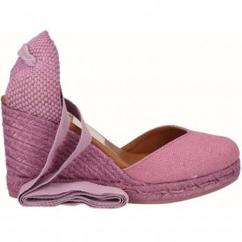 Alpargatas de cuña alta de lino con cintas en color mauve