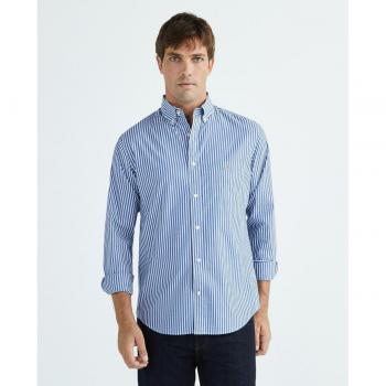 Gant Men's Regular Fit Long Sleeve Poplin Stripe Shirt in College Blue, Size XL