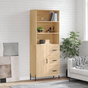 Aparador alto de madera contrachapada color roble 69,5x34x180 cm con 1 puerta y 3 cajones, mueble de almacenaje para salón, buffet y armario auxiliar