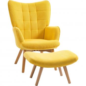 Sillón Relax con Hocker en Pana Amarilla, Sillón Orejero con Patas de Madera