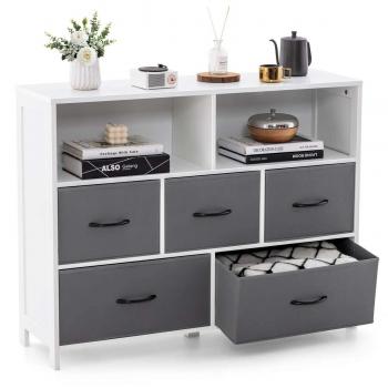 Costway White 5-Drawer Dresser for Bedroom with 2 Large Fabric Bins