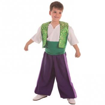 Disfraz de Moro Aladino para niño, incluye túnica con detalles dorados, pantalones sueltos, cinturón y gorro característico, disponible en tallas de 2 a 3 años