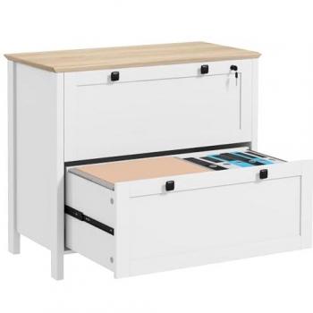 Cajonera de oficina HOMCOM blanca y roble, 79 x 40 x 72 cm, con 2 cajones, 2 barras colgantes, cerradura y 2 llaves para tamaño A4