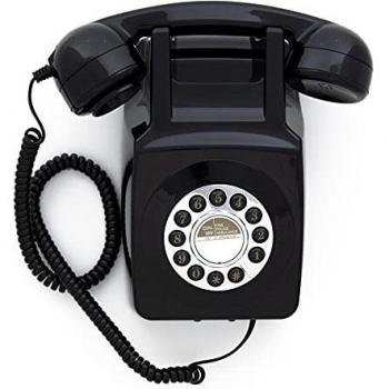 GPO 746 Teléfono fijo retro de pared con botones - Cable en espiral, timbre auténtico - Negro