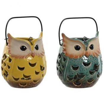 Farol Decorativo Home ESPRIT Búho Amarillo Jade Metal Porcelana 12 x 12 x 15 cm (2 Unidades)