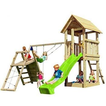 | MASGAMES | Parque infantil Kiosk XL con Challenger | Altura plataforma 150 cm | Parque con columpio de dos plazas , rocódromo y red de trepar | Uso doméstico |