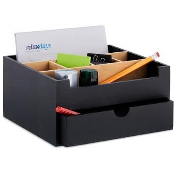 Organizador de Escritorio de Bambú con 6 Compartimentos y 1 Cajón, Medidas 13x26x23.5 cm, Oficina, Negro/Natural