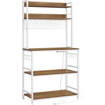 Estantería metálica para entrada con toma de corriente, organizador de cocina con soporte para microondas, 14 ganchos, dimensiones 40x80x170 cm, color Nogal Medio y Blanco