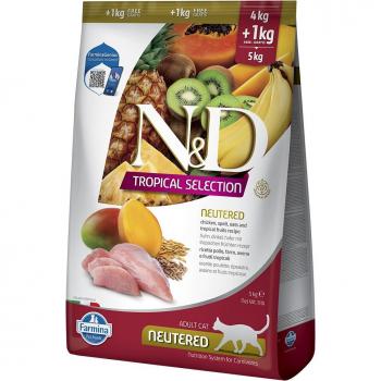 Farmina N&D Cat Tropical Selection Neutered Pollo 4+1kg - Alimento completo para gatos adultos esterilizados, 5 kg (4 + 1 kg) en pack económico