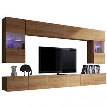 Conjunto de salón Providence B105, Roble dorado, Aglomerado laminado, 300x43cm, con mesa de TV y equipo adicional, iluminación LED opcional