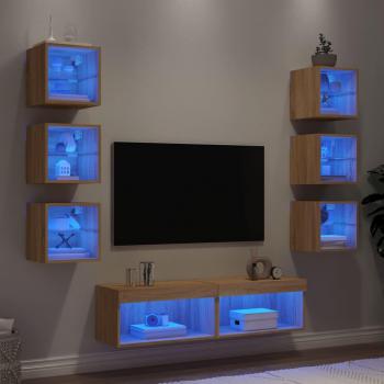 Mueble TV pared con LED 8 piezas madera ingeniería roble Sonoma