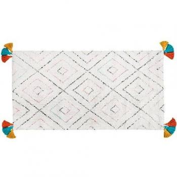 Alfombra Rectangular de Algodón Blanco 80 x 150 cm con Borlas y Patrón Geométrico Tufted