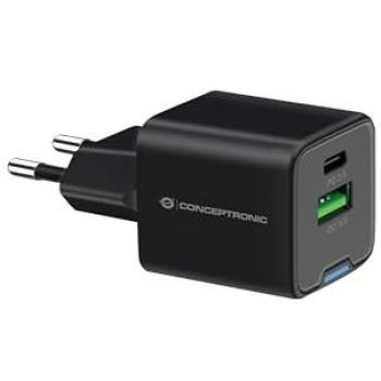 Cargador de Pared Conceptronic 2 Puertos 20W USB-C y USB-A con Carga Rápida GaN PPS Negro