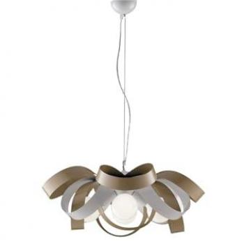 Araña de suspensión moderna Primula en hierro lacado blanco y gris tórtola, cuatro luces, 66x h28 cm