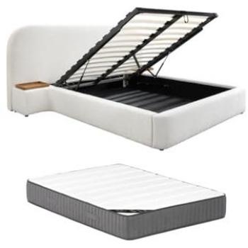 Cama arcón 160 x 200 cm con mesitas de noche - Tela rizada - Blanco + Colchón ESTERIA de Maison Céphy
