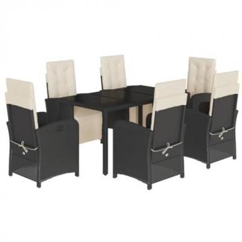 7-Piece Black Poly Rattan Garden Dining Set with Cushions