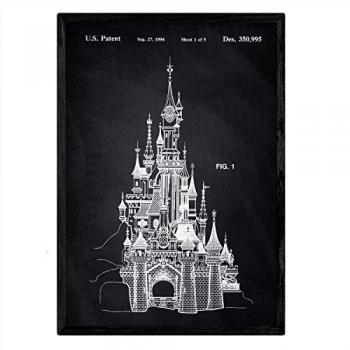Póster A3 con Diseño de Patente Antigua del Castillo Disney sobre Fondo Azul y Negro